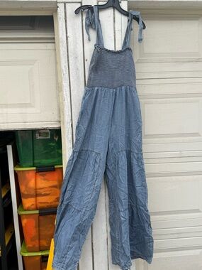Blue Tie-Strap Smocked Jumpsuit